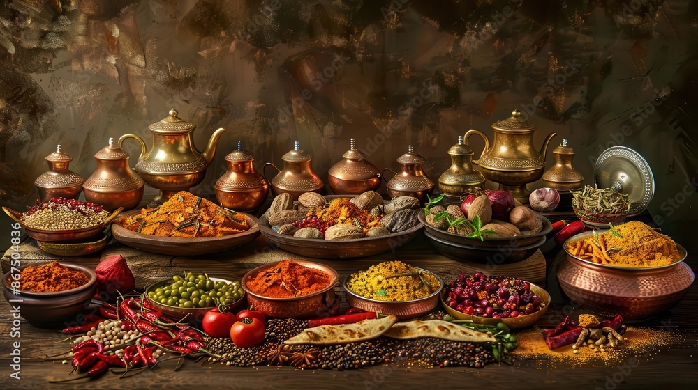 Fototapeta premium spice explosion vibrant array of traditional indian dishes and colorful spices culinary still life photography