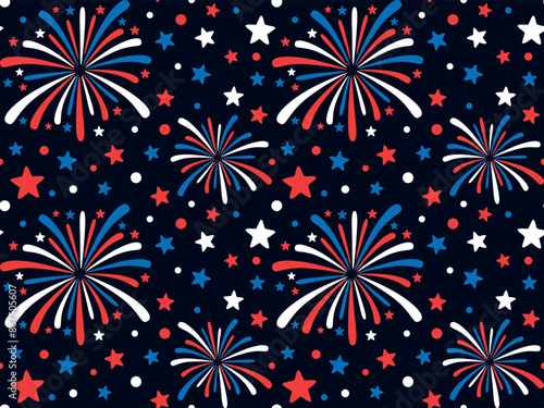 Seamless pattern with Patriotic fireworks in the dark sky. Vector colorful background for Independence Day USA		