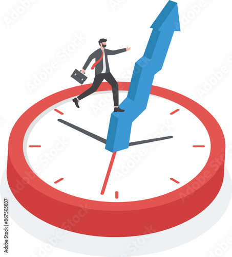 Conceptual illustration of time management and business development, businessman running up on the arrow of the clock

