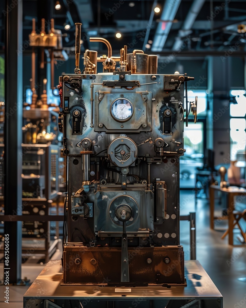 Fototapeta premium Vintage industrial machinery on display in a modern setting, highlighting historical mechanical engineering and design.