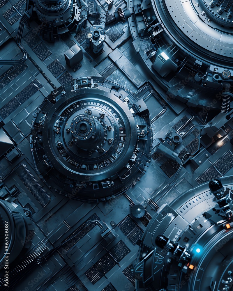 Top view of futuristic machinery with intricate mechanical details and blue lighting, conveying a theme of advanced technology and innovation. Top view of futuristic machinery with intricate mechanical details and blue lighting, conveying a theme of advanced technology and innovation.