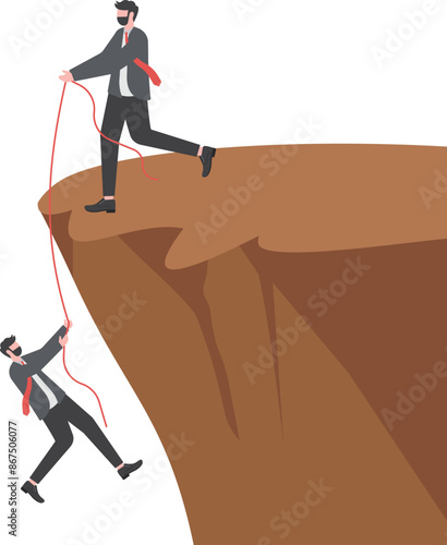Businessman helping each other hike up a mountain at sunrise background. Business, teamwork, success, achievement and help concept.vector, illustration

