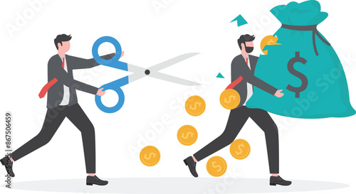 Businessman holding big scissors to cut a colleague's money bag

