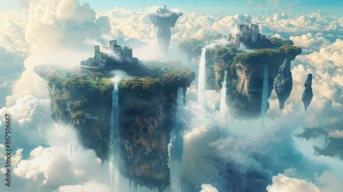 surreal dreamscape floating islands with impossible architecture and gravitydefying waterfalls in a cloudy sky digital surrealism © Bijac
