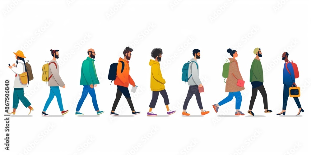 Long line of different profile people walking Long line of different profile people walking