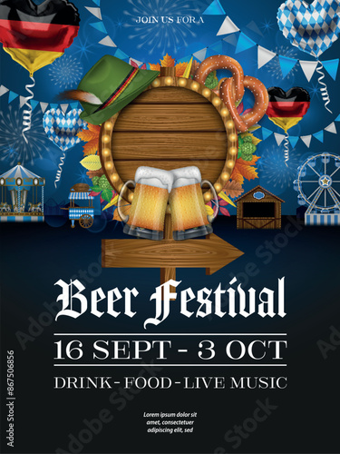oktoberfest party poster with wooden signboard and heart shaped party balloons. german beer festival flyer with pennants, balloons and amusement park