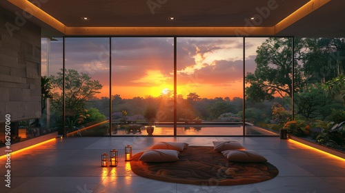 interior of a hotel bedoom with View of natural lake park in morning light