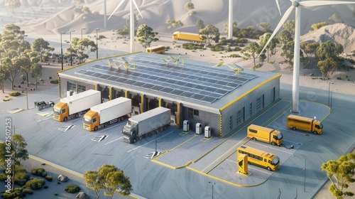 sustainable energy logistics hub electric fleet charging at solarpowered station surrounded by wind turbines and ecofriendly delivery vehicles conceptual illustration photo