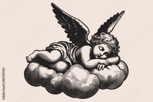 little baby angel cherub is sleeping on cloud. Old vintage engraving illustration. Hand drawn outline graphic. Logo, emblem, icon. Isolated object, cut out. black and white