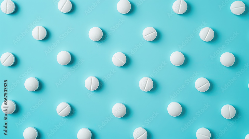 Round white tablets pills on blue background Round white tablets pills on blue background
