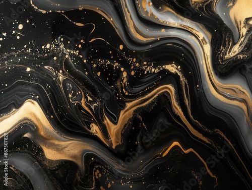 swirling abstract composition of gold and black marbled patterns resembling liquid metal flowing across a dark canvas creating a luxurious and mesmerizing effect