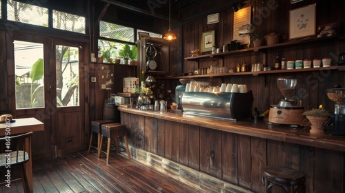 Interior design of cafe with wooden vintage style, decorated with warm and cozy tones, relaxing tones with classic old wood round corner counter and coffee  © chayna
