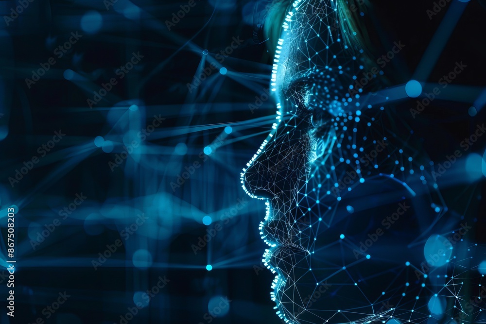 This abstract image of a digital human face connected with a network ...