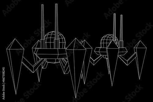 Spider robot with radar antenna. Nanobot, nanotechnology medical concept. Wireframe low poly mesh vector illustration