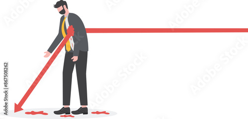Recession and recession, businessman standing with falling arrow

