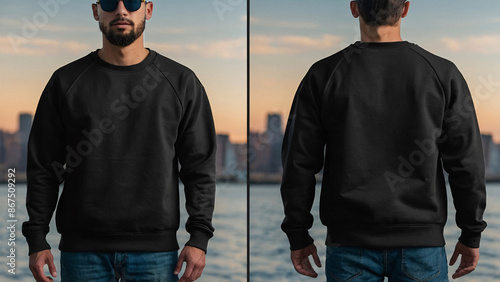 Blank sweatshirt mock up front and back view in color black template . crew neck mock up Created Generative Al