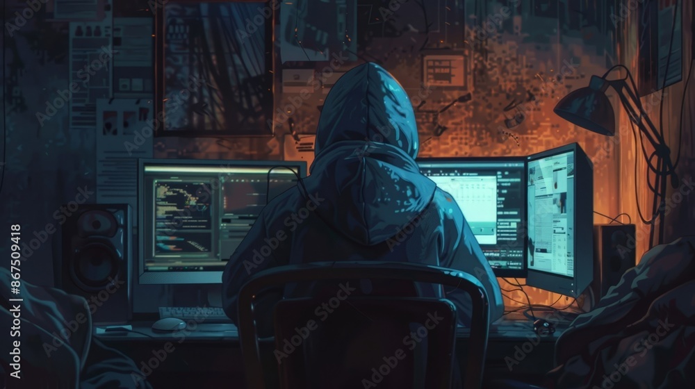 Cybersecurity Expert Working Late at Home Office Cybersecurity Expert Working Late at Home Office