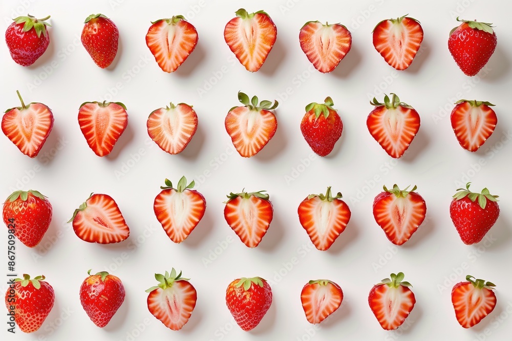 Fototapeta premium Neatly organized strawberries isolated on white background