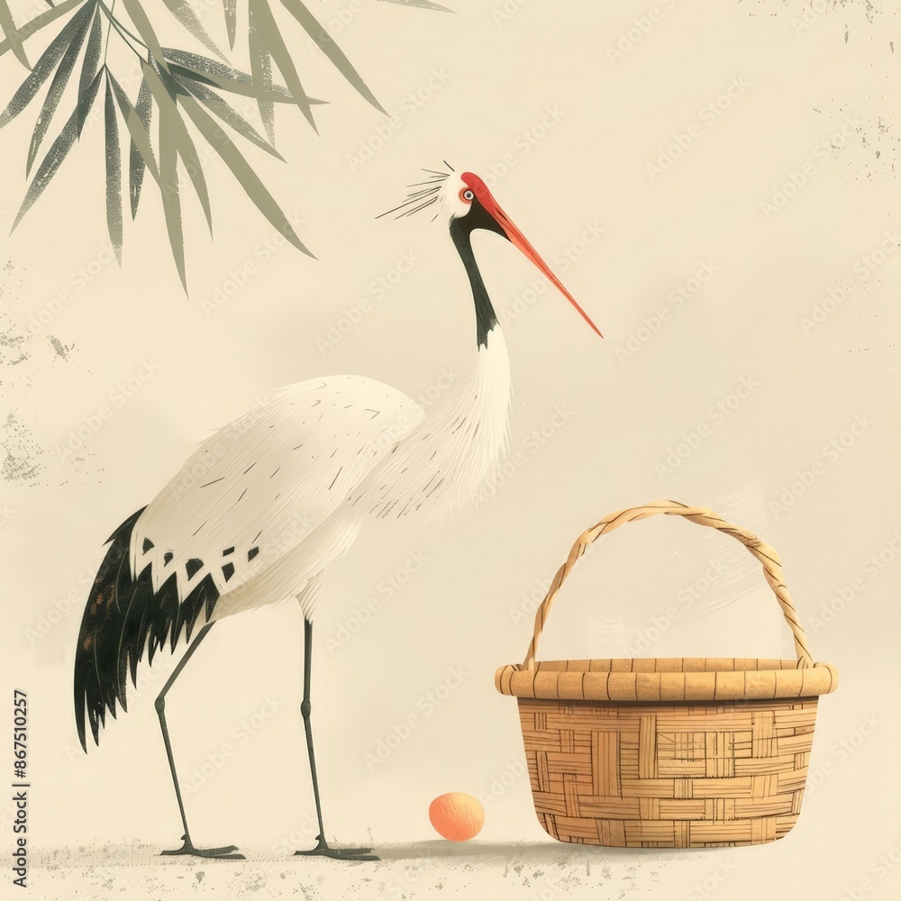 Fototapeta premium Stylish Illustration of a Crane Standing Next to a Woven Basket and an Orange