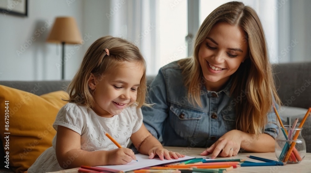Smiling baby sitter and preschool kid girl drawing Smiling baby sitter and preschool kid girl drawing