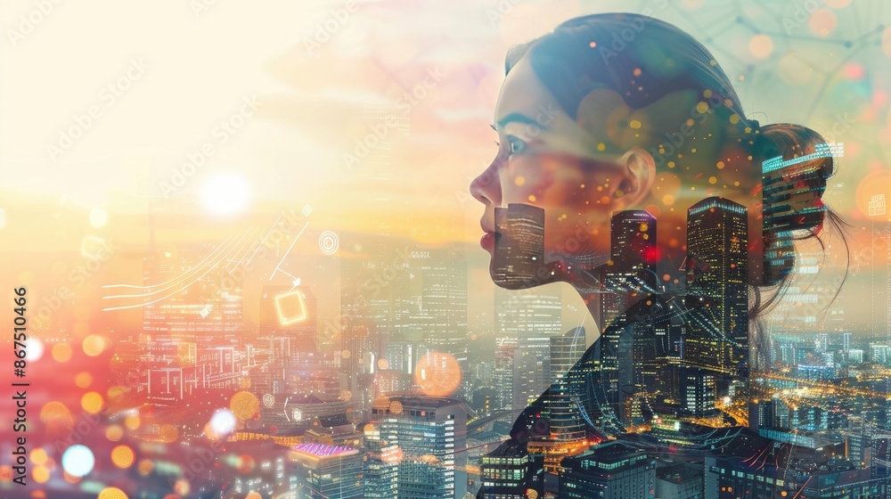 Double exposure of a business woman overlaid with futuristic internet communication visuals, representing innovation and connectivity in modern business Double exposure of a business woman overlaid with futuristic internet communication visuals, representing innovation and connectivity in modern business