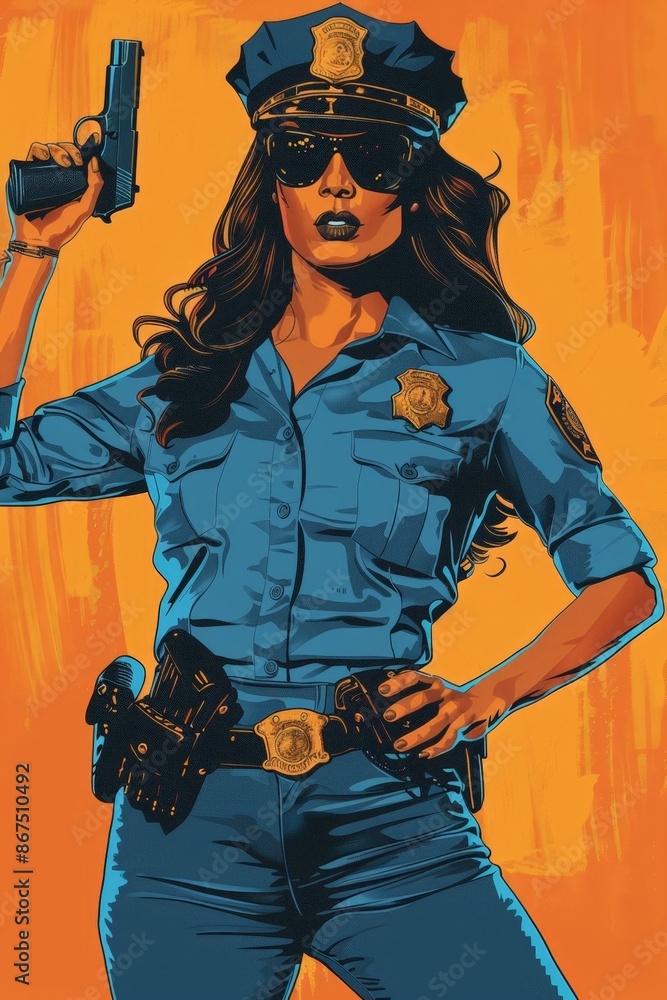 Female Police Officer in Blue Uniform with Gun Female Police Officer in Blue Uniform with Gun