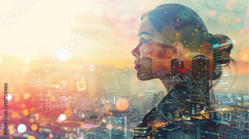 Double exposure of a business woman overlaid with futuristic internet communication visuals, representing innovation and connectivity in modern business