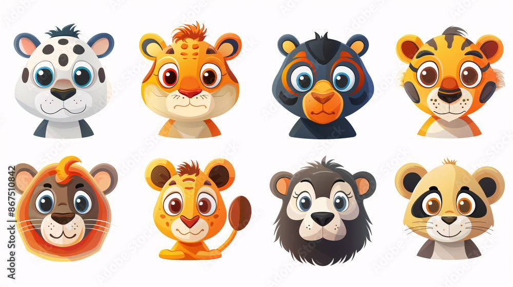 Fototapeta premium Cartoon animal face set for children's illustration, isolated on white background