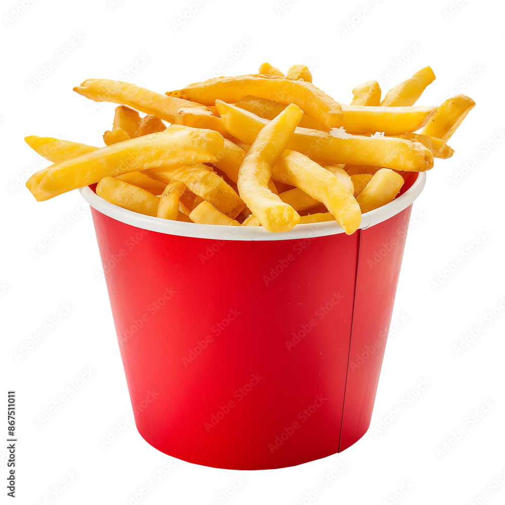 French fries in a red paper bucket isolated on a transparent background French fries in a red paper bucket isolated on a transparent background