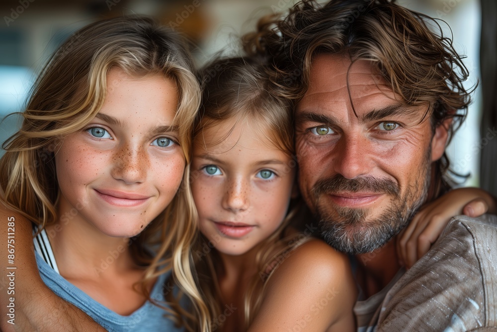 Smiling Father and Two Daughters in a Close Up Portrait Smiling Father and Two Daughters in a Close Up Portrait