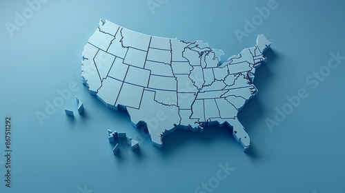 A minimalist 3D rendering of the map of the United States in soft blue tones, representing modern graphic design and clarity.