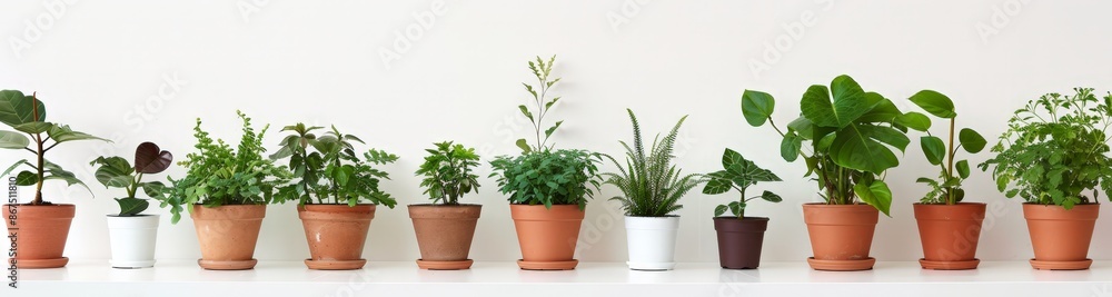 Eight Potted Plants with Varied Leaf Shapes and Colors, Arranged in a Line on a White Shelf Eight Potted Plants with Varied Leaf Shapes and Colors, Arranged in a Line on a White Shelf