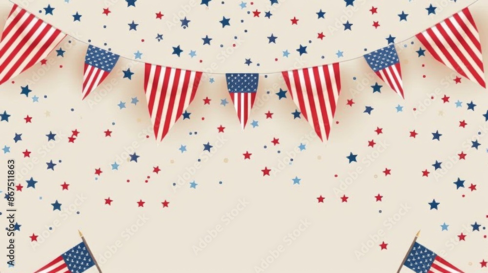 Obraz premium A festive image featuring American flag bunting with stars and confetti against a soft beige background, representing celebration, joy, and national pride during special events.