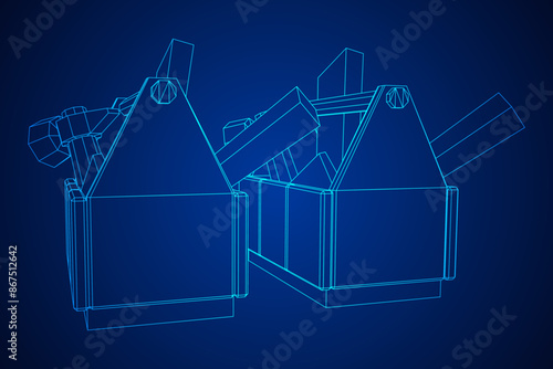 Wooden Toolbox with Tools. Wireframe low poly mesh vector illustration