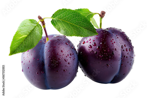 Closeup of fresh, juicy plums with water droplets and green leaves isolated on white transparent background