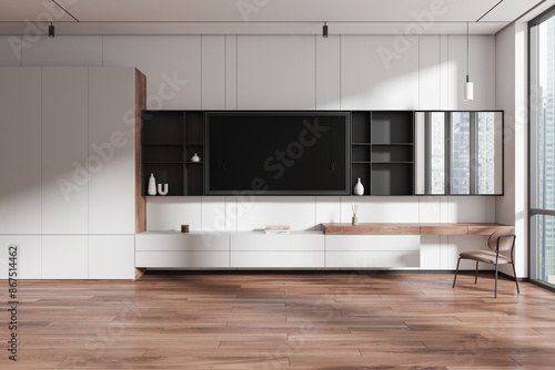 Cuadro en lienzo Home living room interior with tv screen, table, shelves and panoramic window