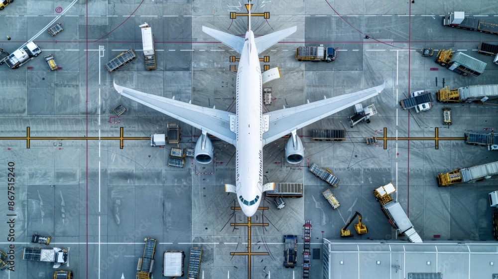 Large Commercial Airplane on Airport Tarmac with Ground Support Equipment Large Commercial Airplane on Airport Tarmac with Ground Support Equipment