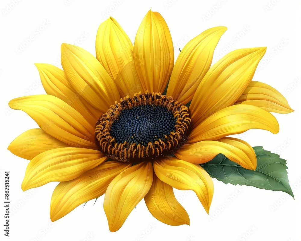 Fototapeta premium Bright yellow sunflower on a white background, vibrant colors, high contrast, detailed, realistic illustration