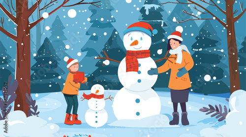 People make snowman. Mother and son spend time together