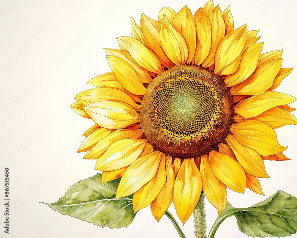 Fototapeta premium Bright yellow sunflower on a white background, vibrant colors, high contrast, detailed, realistic illustration