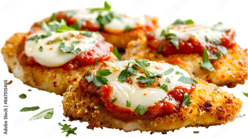 A close-up of a Chicken Parmesan dish featuring golden-brown breaded chicken cutlets topped, garnished with parsley, on a transparent background A close-up of a Chicken Parmesan dish featuring golden-brown breaded chicken cutlets topped, garnished with parsley, on a transparent background