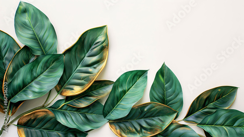 Hand-painted green leaves with gold details for sophisticated botanical artwork on white background