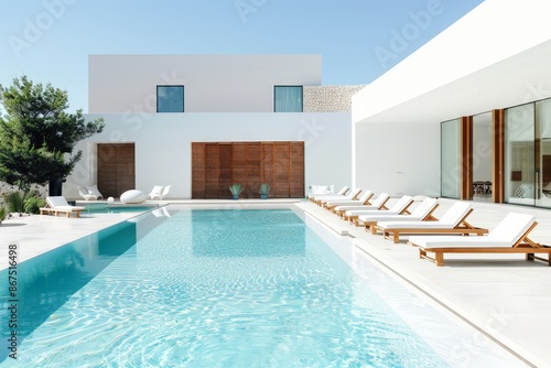 Modern Poolside Lounge with White Chairs and Blue Water