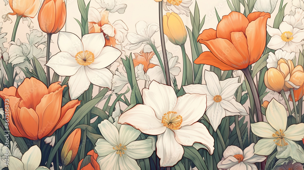 A detailed illustration of flowers, including white daffodils and orange tulips, in full bloom, seamless wallpaper, seamless texture,seamless patterns A detailed illustration of flowers, including white daffodils and orange tulips, in full bloom, seamless wallpaper, seamless texture,seamless patterns