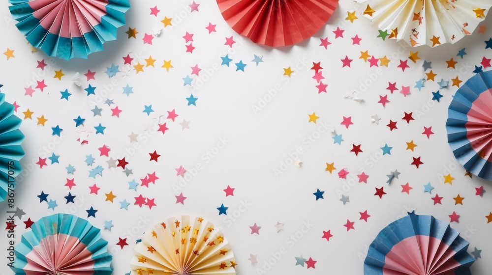 Fototapeta premium This image features colorful pinwheels and star-shaped confetti scattered on a white background, creating a festive and cheerful ambiance perfect for celebrations and parties.