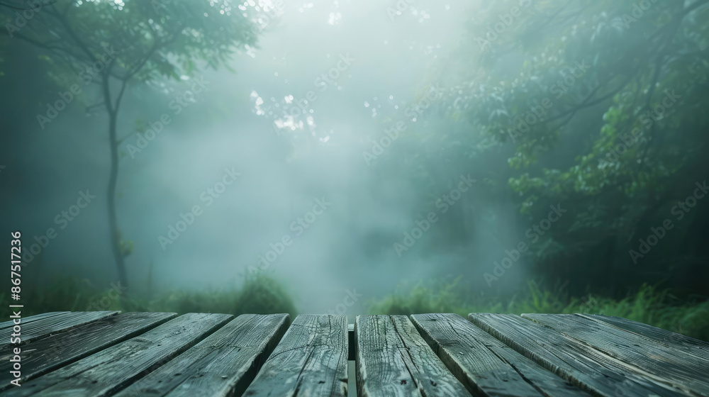 Dense mist covering a wooden table, creating an ethereal and serene scene Dense mist covering a wooden table, creating an ethereal and serene scene