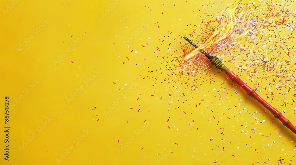 A Bengal fire stick with vibrant sparks on a bright yellow background, creating a vivid contrast and leaving space for copy on the side. A Bengal fire stick with vibrant sparks on a bright yellow background, creating a vivid contrast and leaving space for copy on the side.