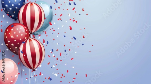The image showcases a bunch of red and white striped balloons with additional red, white, and blue balloons in the background, highlighted by swirling star confetti on light blue backdrop.
