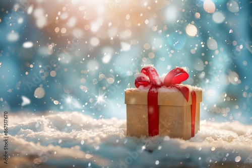 Gift Box with Red Ribbon in Snowy Blurred Background