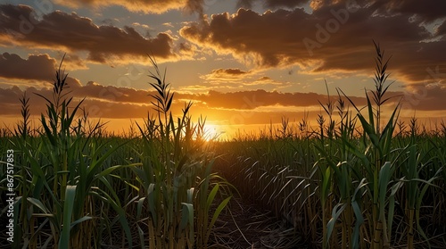 A sunset illuminating a sugarcane field highlighting.generative.ai